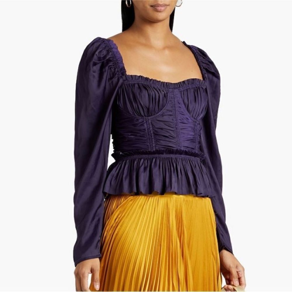 NWT ULLA JOHNSON Mia ruched ruffled satin top Purple Size 10
